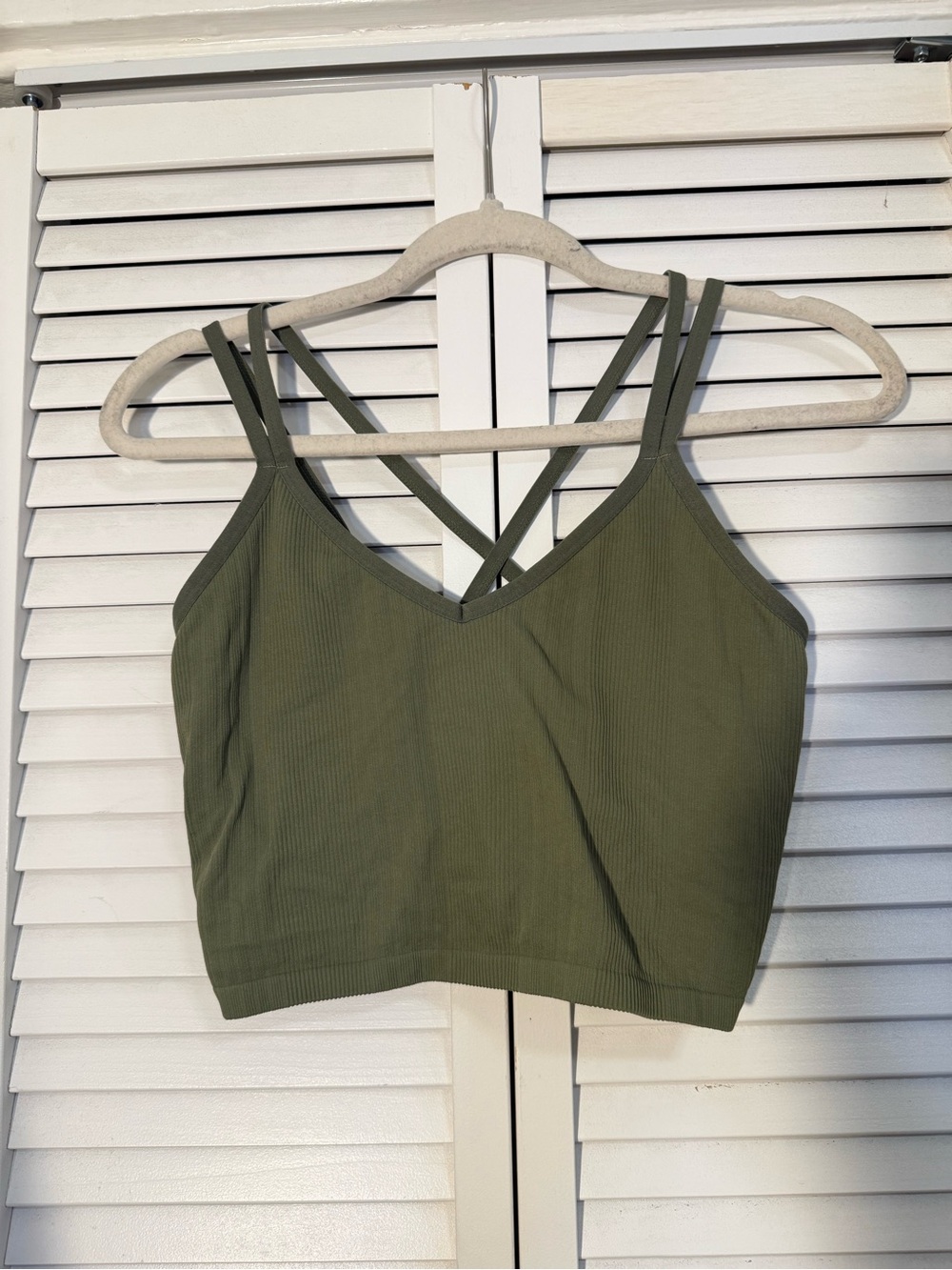 aerie Olive Ribbed Seamless V-Neck Strappy Bra Top